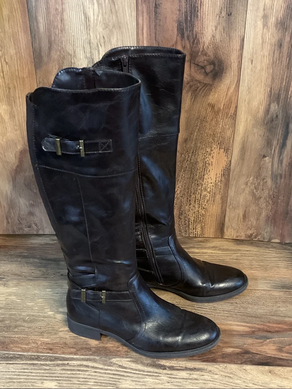 Yuu Tall Brown Leather Riding Strappy Boots 9M      F342